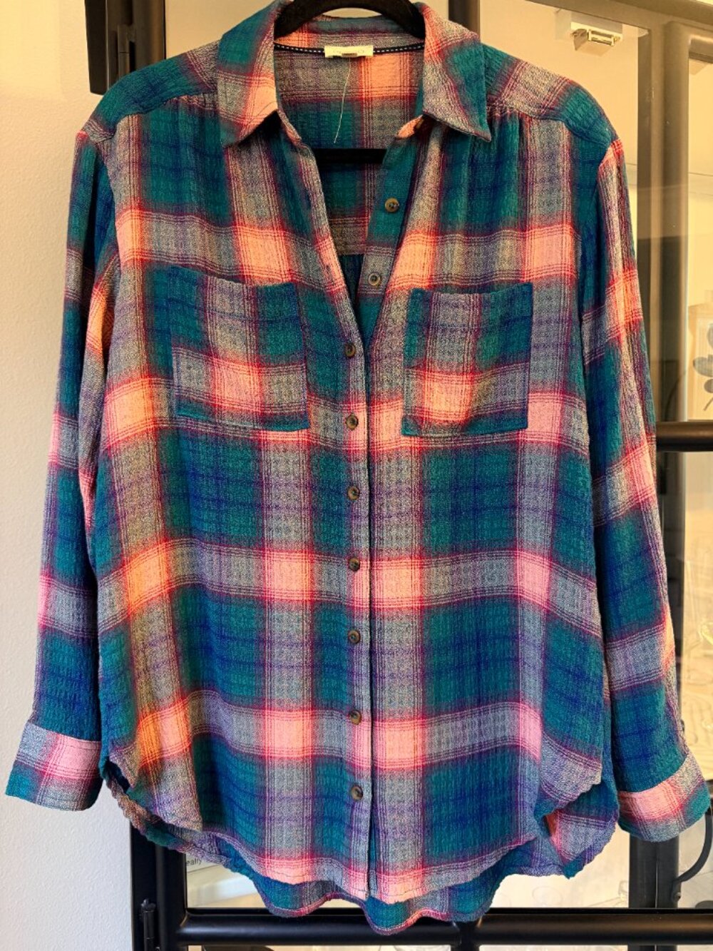 Pilcro Anthropologie Plaid Flannel Button Up Shirt Pink Teal Blue S